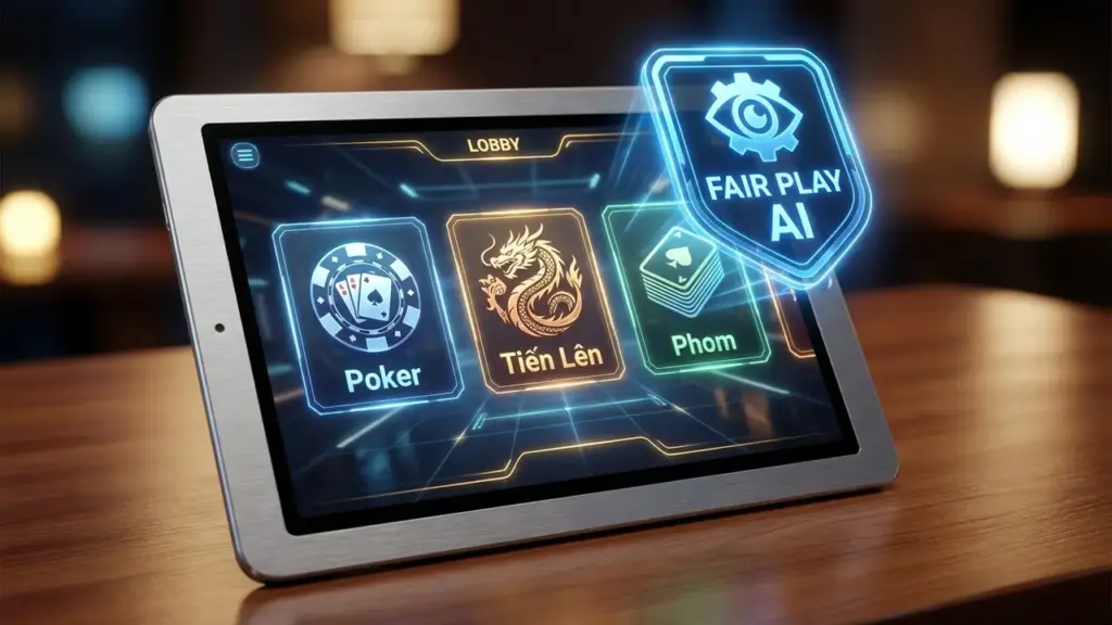 Giao diện sảnh game bài New66 hiển thị hệ thống chống gian lận AI đang hoạt động